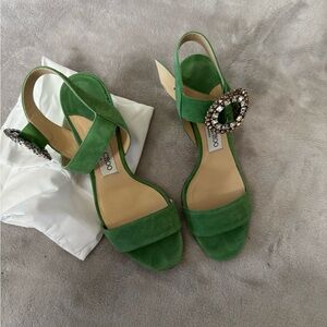 Jimmy Choo Green Suede Sandals with Crystal Buckle